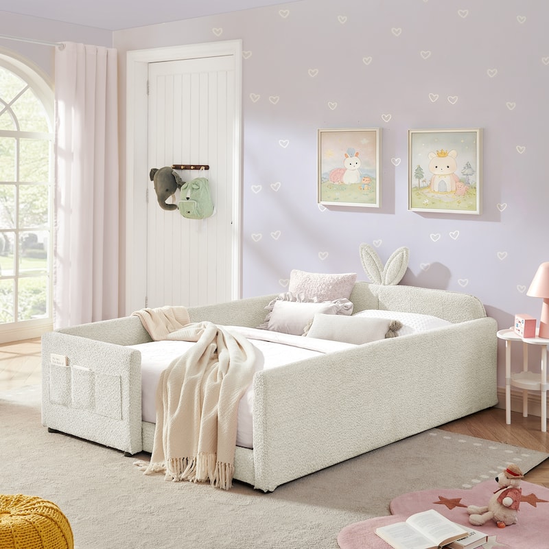 Upholstered Platform Bed with Safety Rail Pocket and RabbitEar Platform Bed w/Skin-friendly Boucle Wood Slat Support Bed Frame