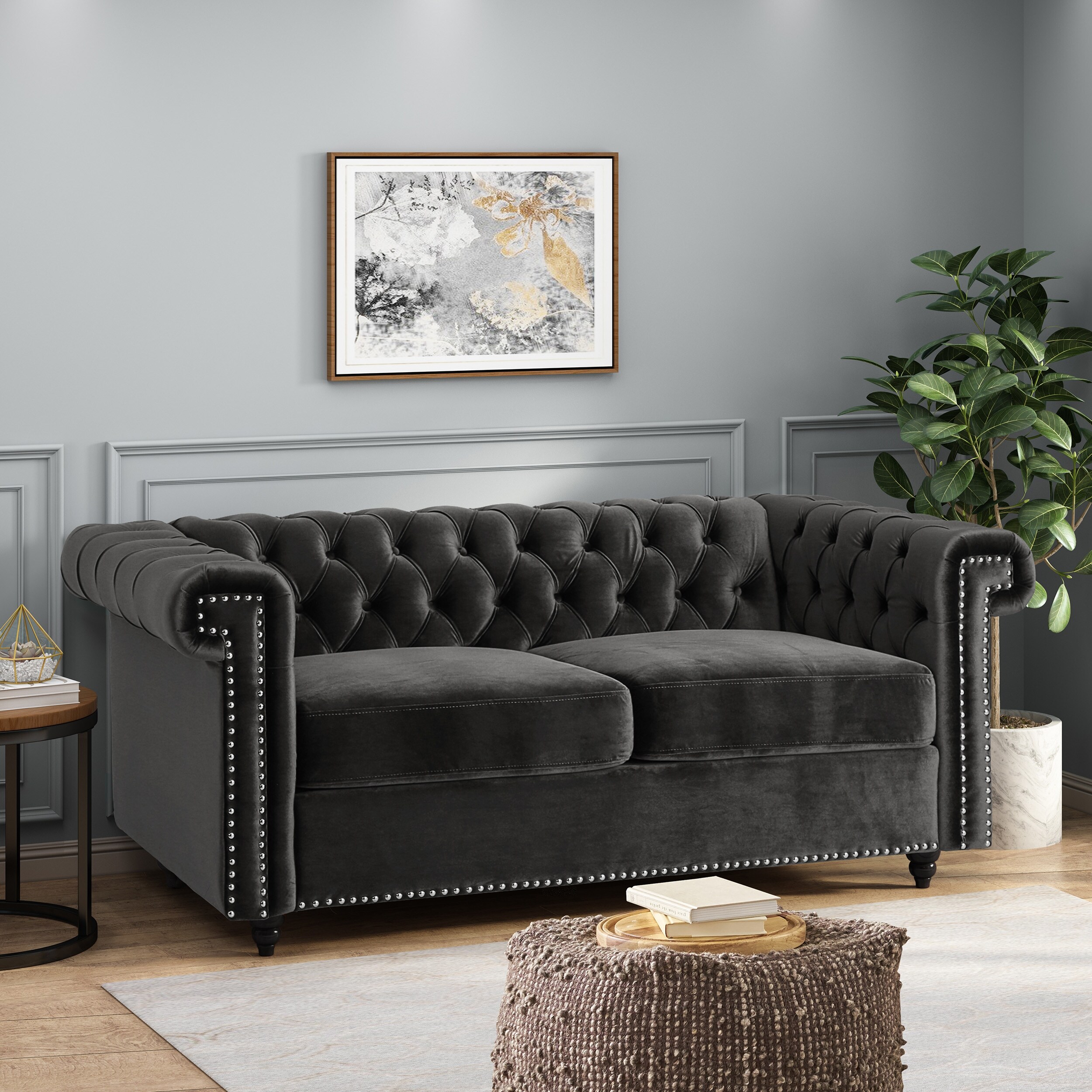 Black 61'' Loveseat 2-Seater Sofa with Channel Stitching