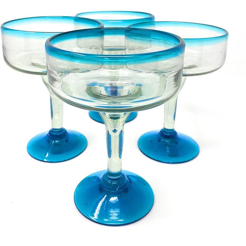 Dos Suenos Mexican Hand Blown Glass - Set of 4 Hand Blown Margarita Glasses (16 oz) with Aqua Blue Rims