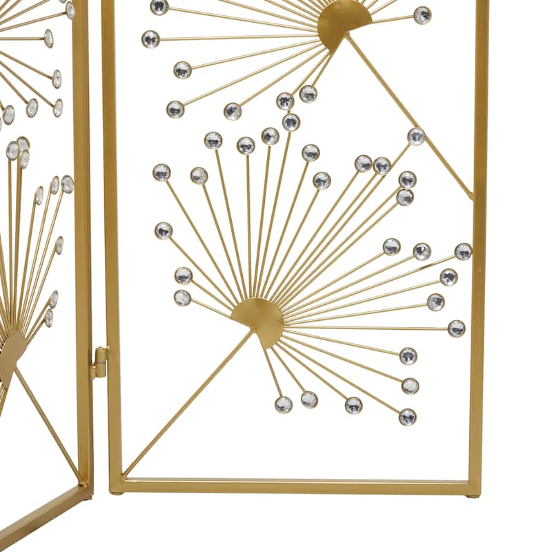 Metal Floral Hinged Foldable Partition 3 Panel Room Divider Screen with Crystal Embellishments - Gold - Roche River Decor