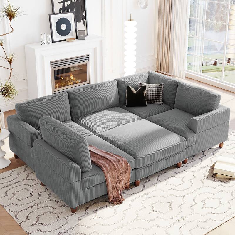 L Shaped Modular Sectional Sofa with Ottoman, Corduroy Upholstered Sleeper Sofa Bed, Corner Sectional Couch with Wooden Legs - Gray