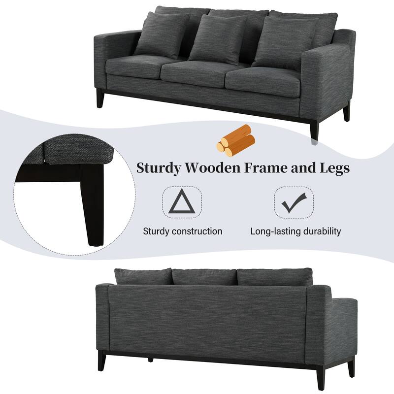 Roomfitters Comfy 3-Seat Sofa with Wooden Legs, Modern Upholstered Couch for Living Room and Study