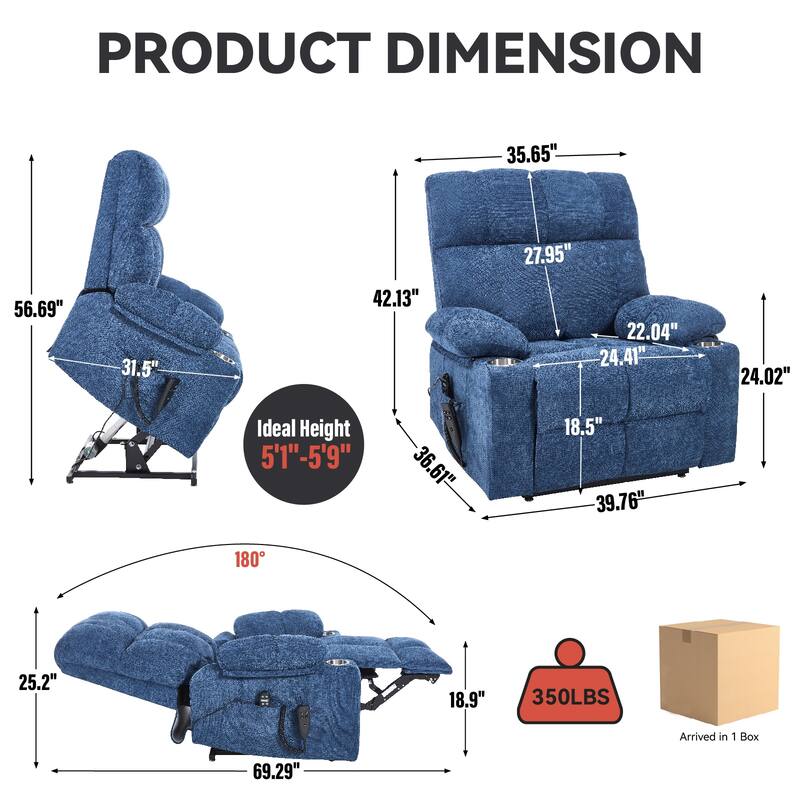 Dual Motor Power Lift Recliner Chair - 350 LB Capacity, Infinite Position, with Massage & Heating in Chenille Fabric