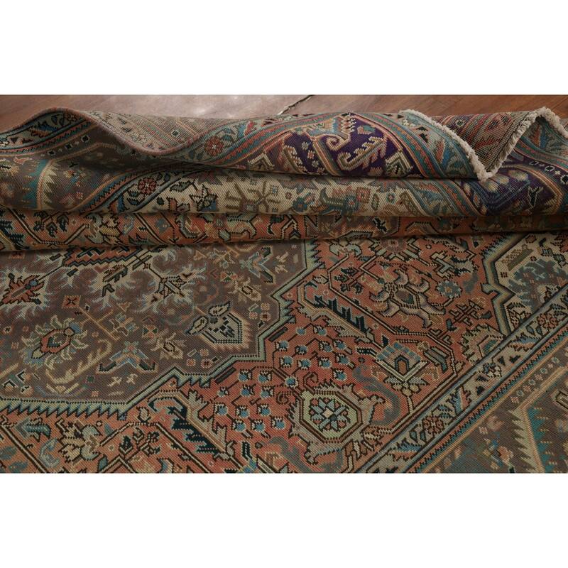 Orange Tabriz Persian Vintage Rug Hand-Knotted Wool Carpet - 6'8" x 9'6"