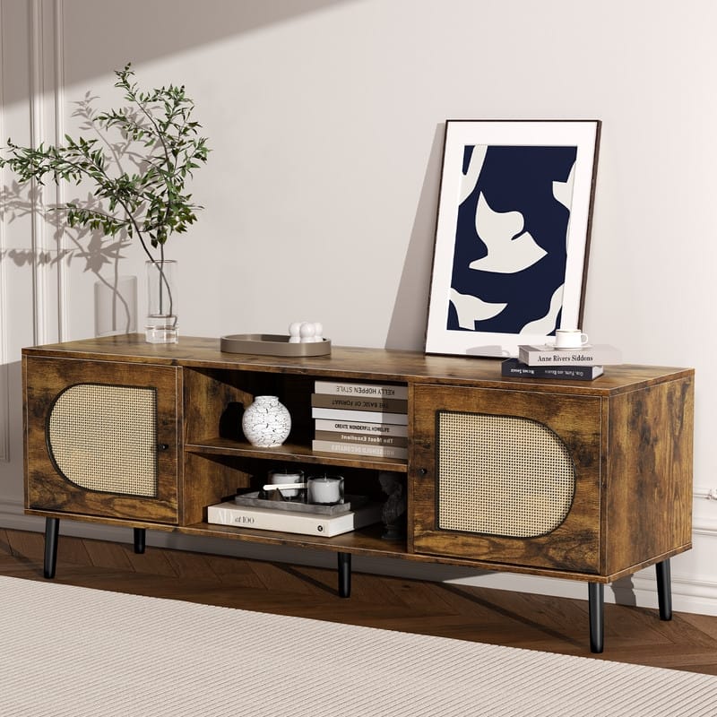 Mixoy Boho TV Stand for TV up to 65",Entertainment Center with Storage Cabinets,Shelf and Rattan Decorative Doors - 55 inches - Brown - 55 inches