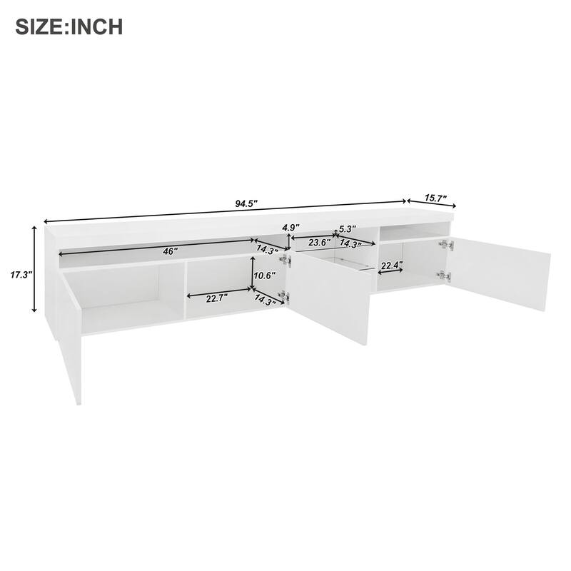 Unique TV Stand with Adjustable LED Lights and 2 Glass Shelves, Media Console for TVs Up to 105"