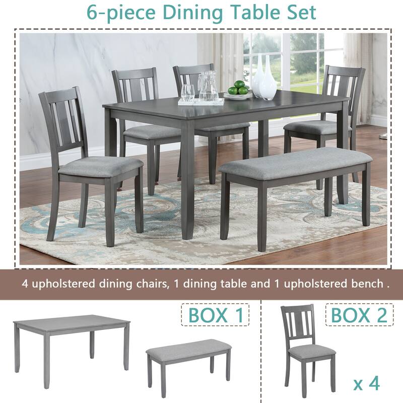 6-Piece Wooden Dining Table Set with 4 Upholstered Chairs and Bench, Acacia Wood, Modern Dining Set for Kitchen, Dining Room