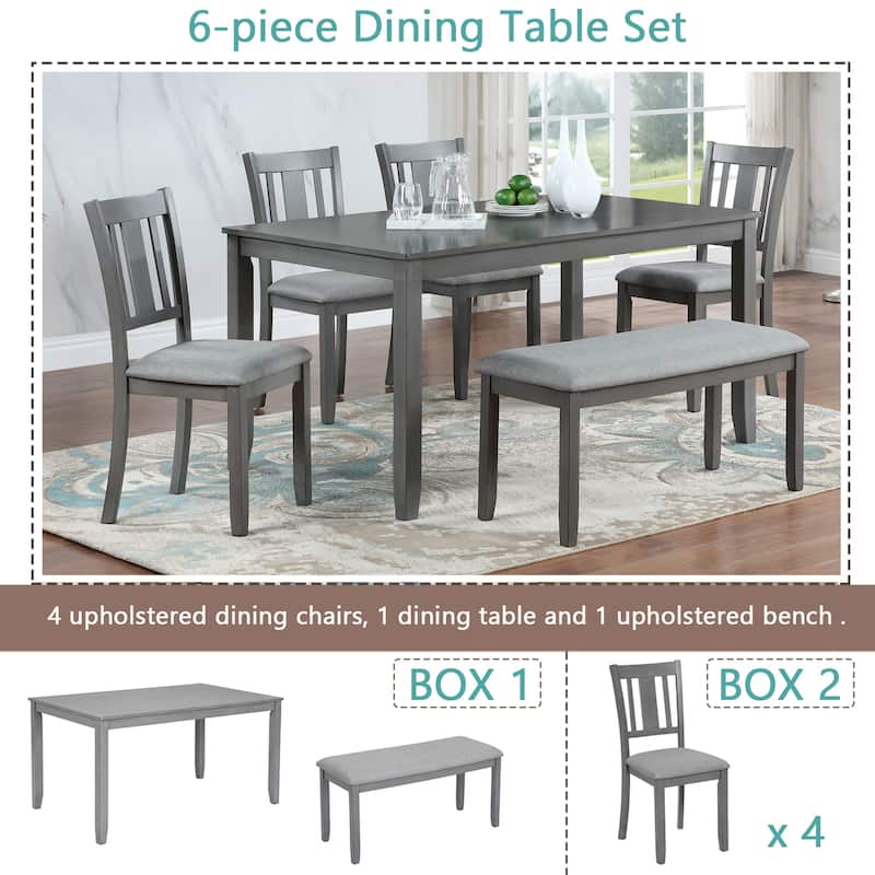 Modern 6-Piece Dining Set with Rectangular Wooden Table, 4 Upholstered Chairs & Bench