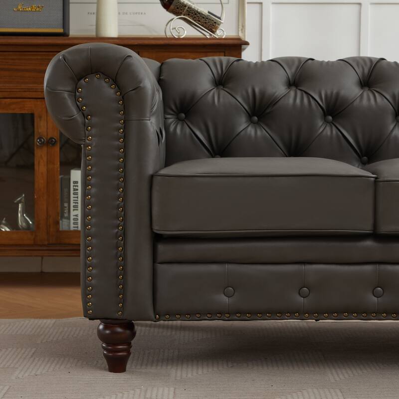 Vintage PU Button-Tufted Sofa Couch, Flared Arms, Rubberwood Legs & Nailhead Trim