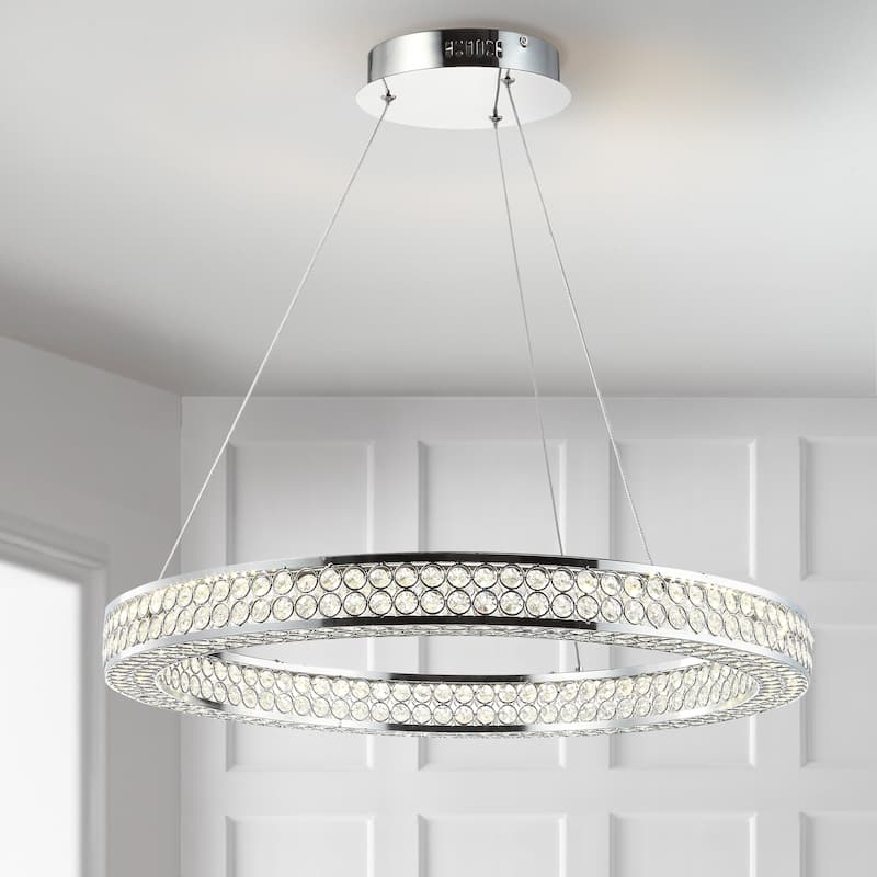 Bradley 24.7" Round Integrated LED Crystal/Metal Pendant, Chrome/Clear by JONATHAN Y