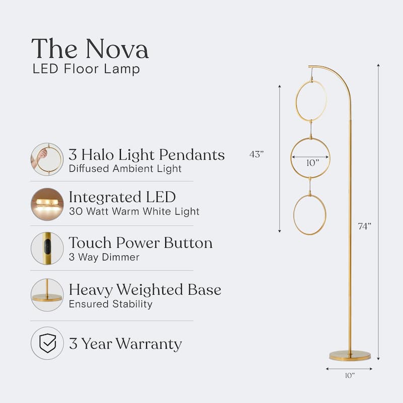 Brightec Nova 74 in. Antique Brass Dimmable LED Arc Standing Floor Lamp with 3 Ring-Style Light Pendants