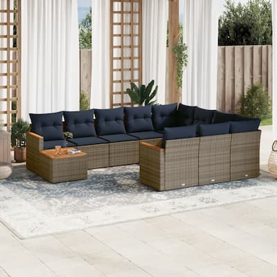vidaXL 11 Piece Patio Sofa Set with Cushions Black/Gray Poly Rattan - 24.4 x 24.4 x 27.2