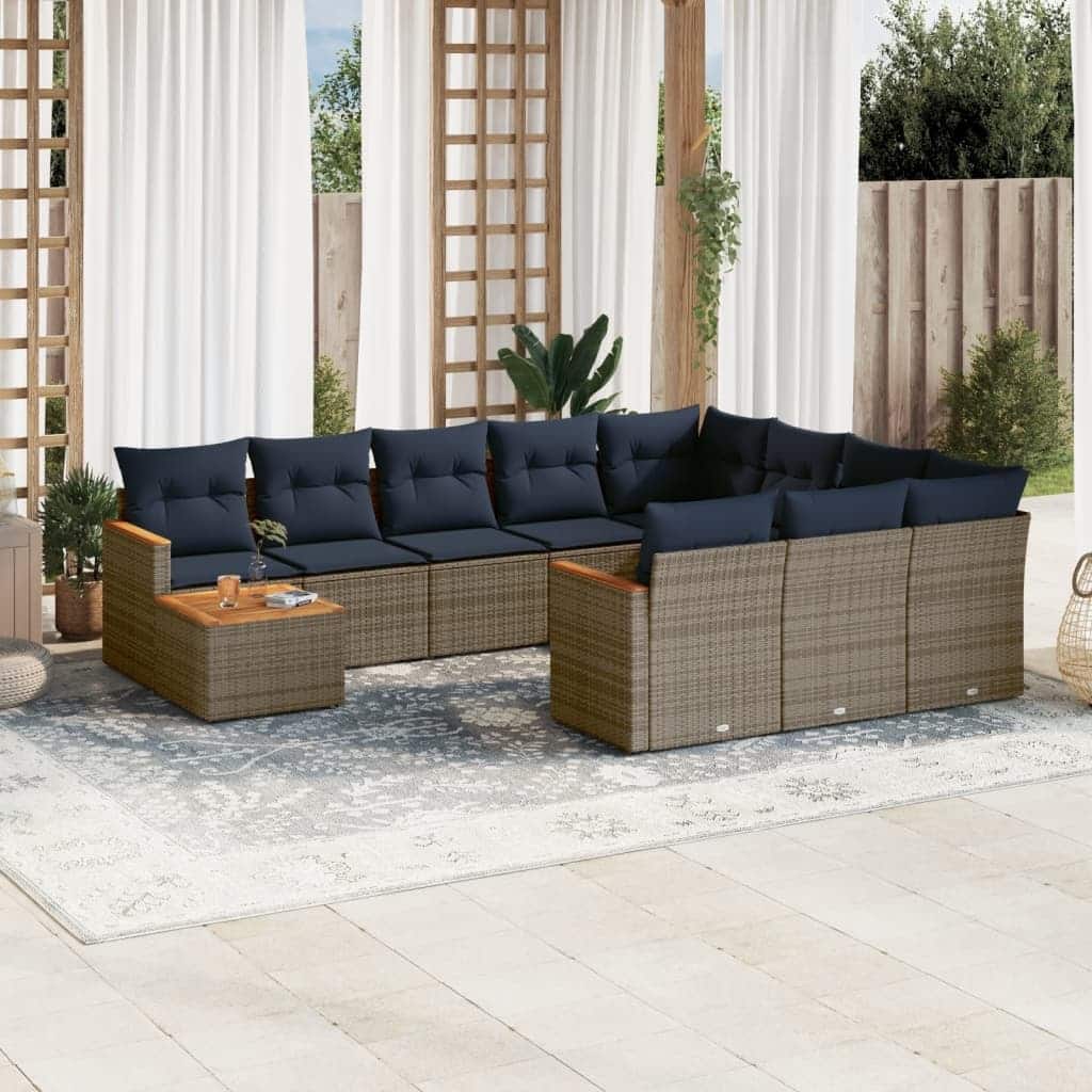 vidaXL 11 Piece Patio Sofa Set with Cushions Black/Gray Poly Rattan - 24.4 x 24.4 x 27.2