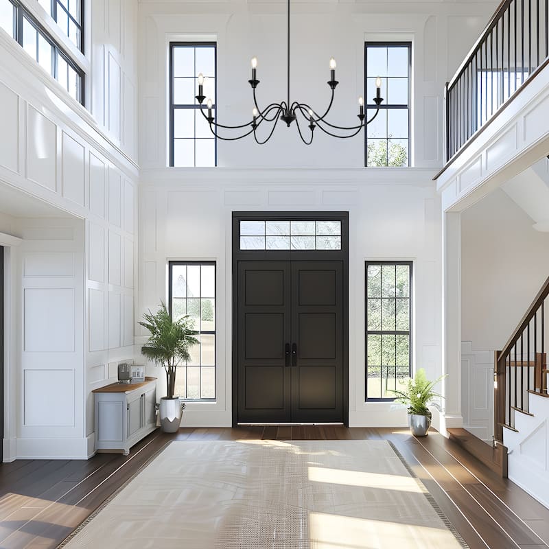 Modern Black 8-Light Chandelier Classic Candle Wheel Lights for Dining Living Room Entryway - D 47.2" x H 9.4"