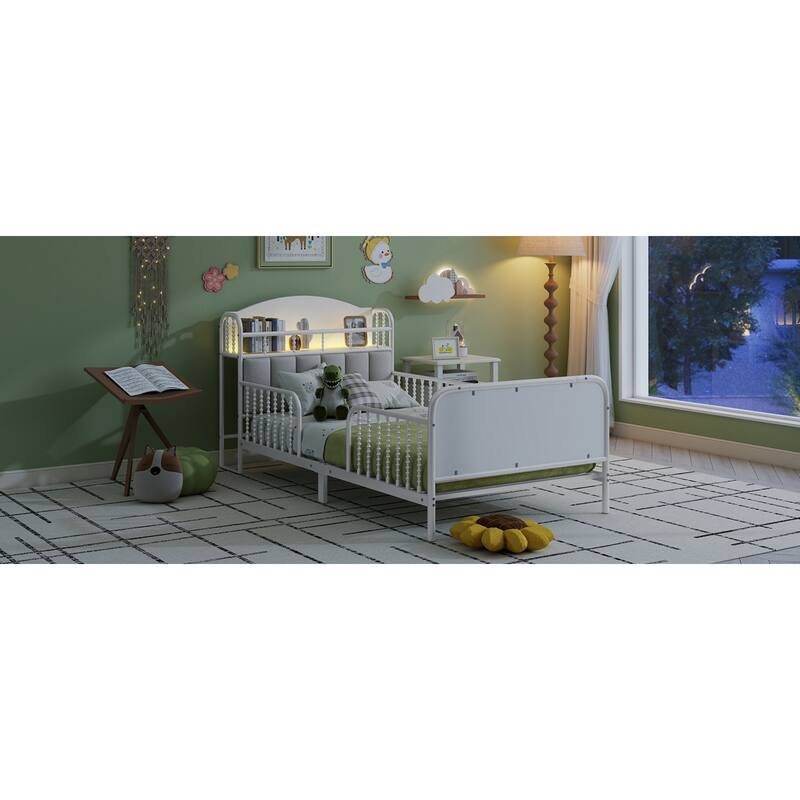 Roomfitters Twin/Full Metal Platform Bed, LED Storage Headboard and Guardrails with Metal Frame for Bedroom or Guest Room