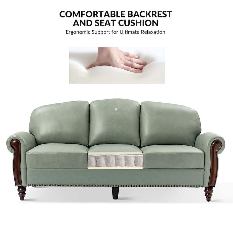 Eduard 84" Traditional Genuine Leather Sofa with Carved Wood Legs by HULALA HOME