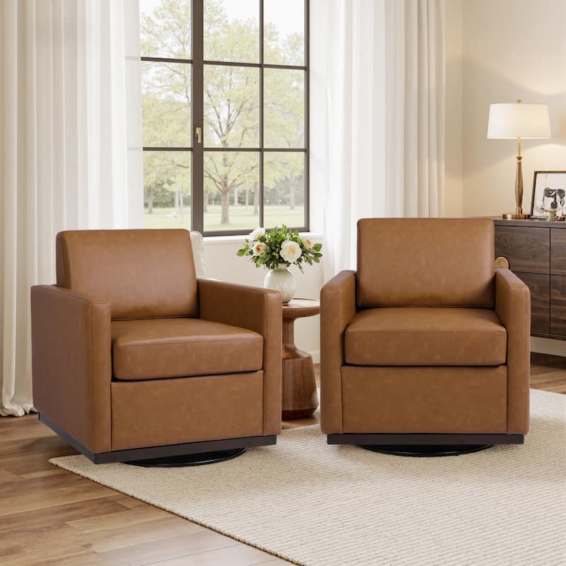 Modern Upholstered Swivel Armchair for Living Room - Set of 2 - Brown