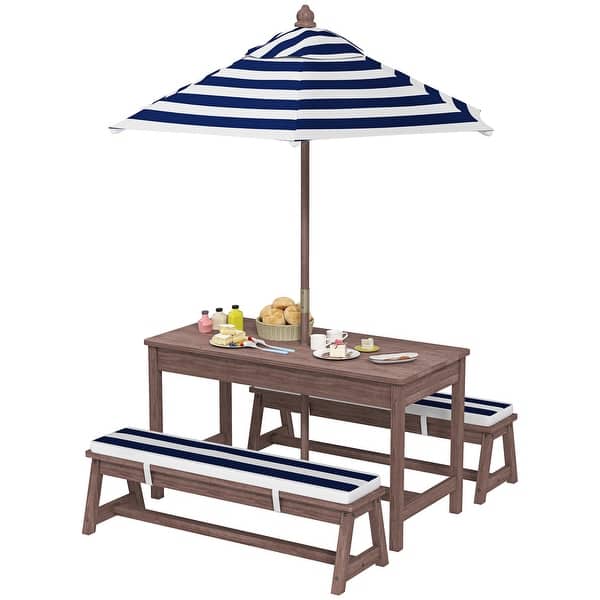 slide 2 of 9, Qaba Kids Picnic Table, Outdoor Wooden Table & Bench Set with Cushions and Umbrella, Navy Blue Blue
