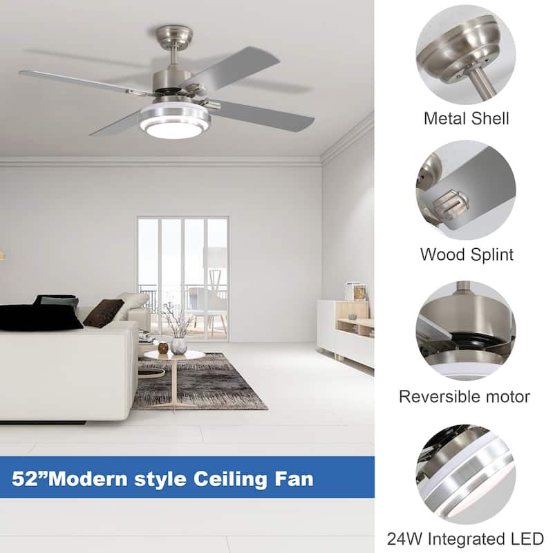 52 Inch Indoor Ceiling Fan with Lights & Remote Control,Brushed Nickel Reversible AC Motor ( 4-Reversible Blades)