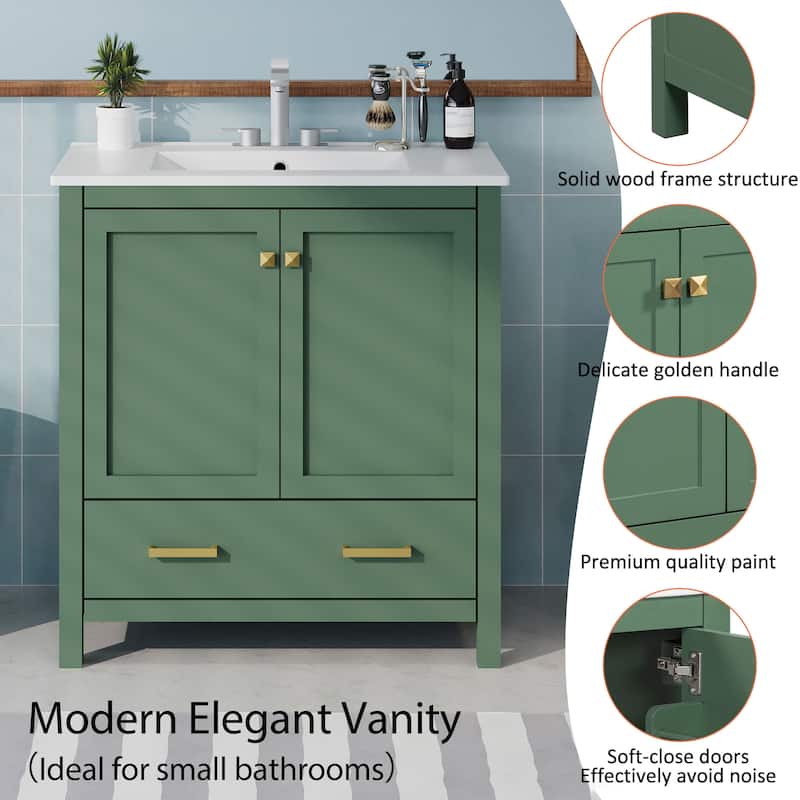 Roomfitters 30 Inch Bathroom Vanity with Single Ceramic Sink, Soft-Close Doors, Divided Drawer & Storage Cabinet, Green