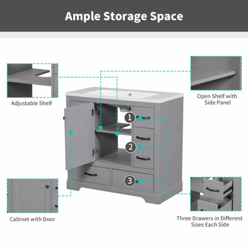 36" Bathroom Vanity with Sink Combo, Six Drawers, Multi-Functional Drawer Divider, Adjustable Shelf, Grey