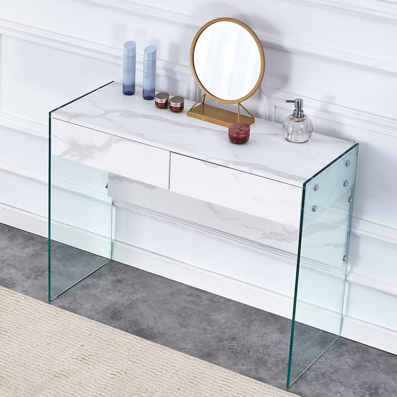 Roomfitters White Vanity Desk with Storage and Drawers, Modern Computer Table for Bedroom and Home Office, White