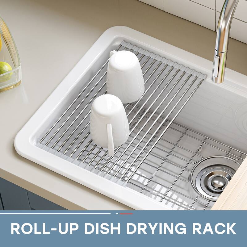 HOROW 33 in. Drop-In Single Bowl Ceramic White Kitchen Sink Standard and Bottom Grid, Drain Assembly, Cutting Board