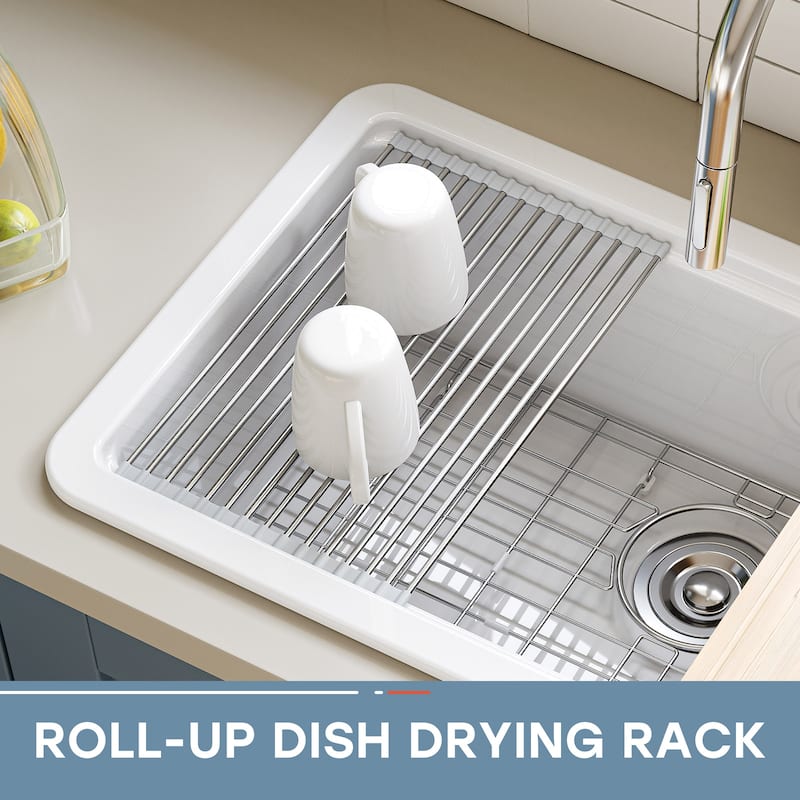 HOROW 33 in. Drop-In Single Bowl Ceramic White Kitchen Sink Standard and Bottom Grid, Drain Assembly, Cutting Board