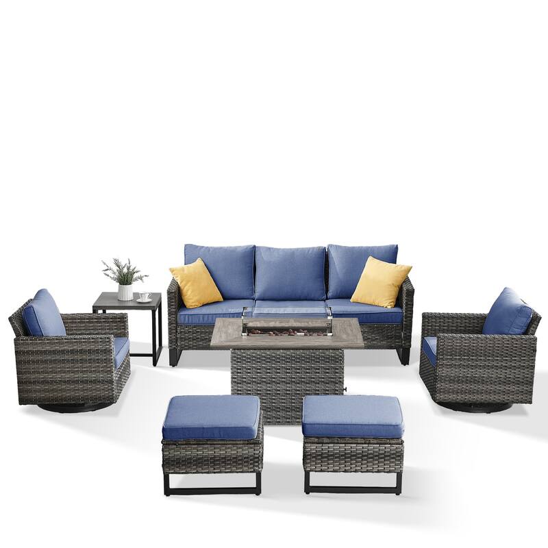 Outdoor Sofa Chairs Ottomans and Fire Table Grey-Blue - Grey