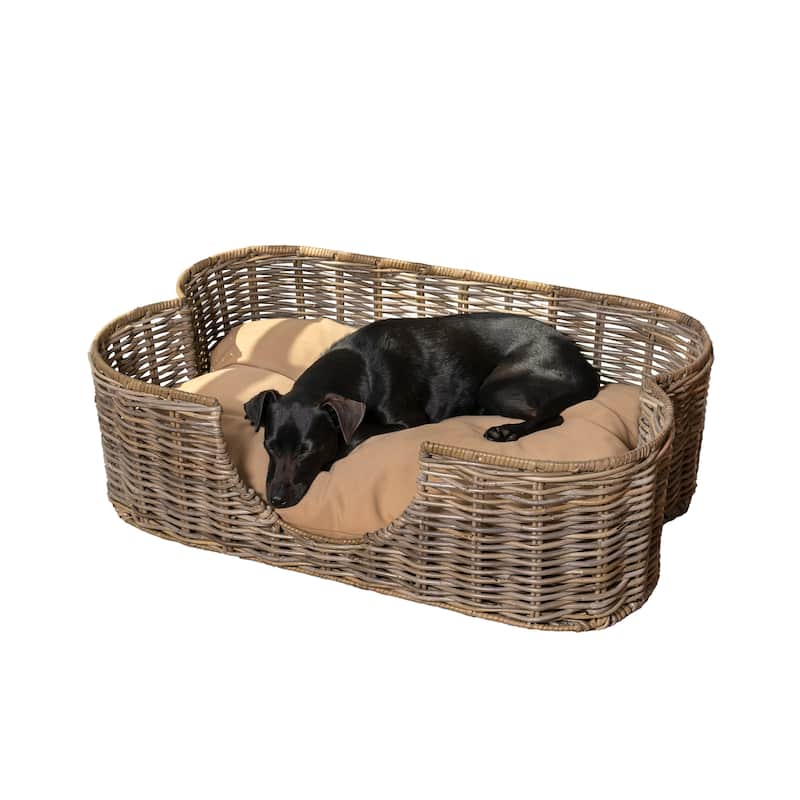 Scallop Tropical Handwoven Rattan Dog Bed with Machine Washable Cushion, Kubu Gray - 31" x 20"
