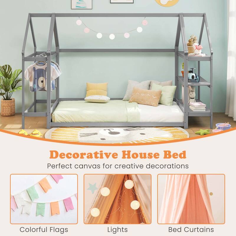 Costway Twin Size House Bed Montessori Floor Bed with Detachable
