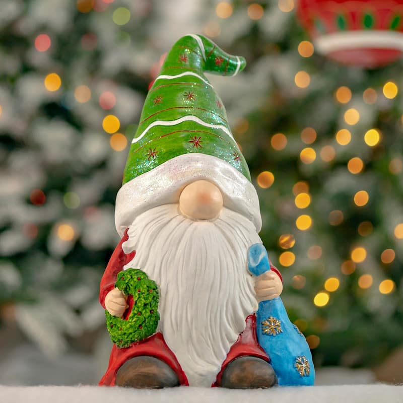 Christmas Gnome Holding Blue Gift Bag with Green Hat - 8.86X12.01X19.09 - Metal - Multi