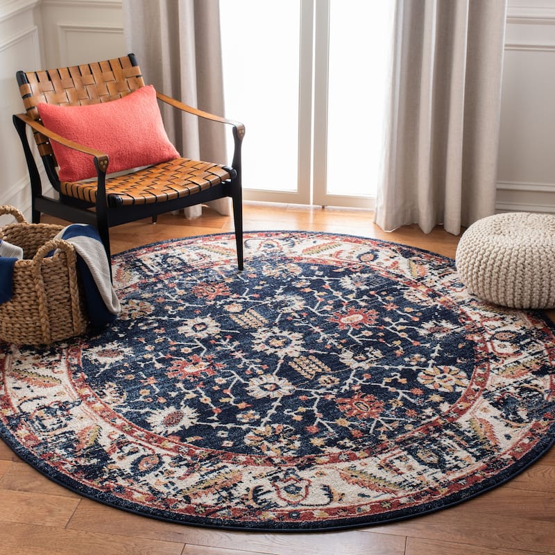 SAFAVIEH Charleston Hanne Vintage Boho Oriental Rug - 6'7" Round - Navy/Ivory