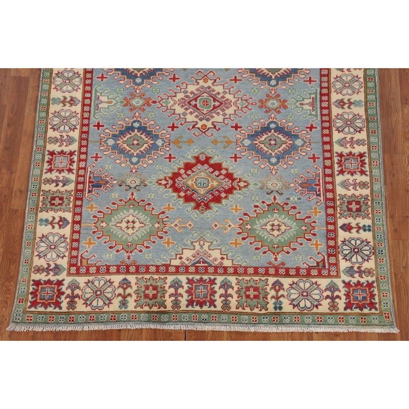 Light Blue Geometric Kazak Rug Living Room Hand-Knotted Wool Carpet - 5'0" x 6'7"