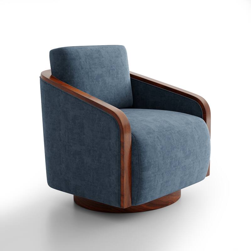 Upholstered Swivel Barrel Chair with Curved Wood Arms