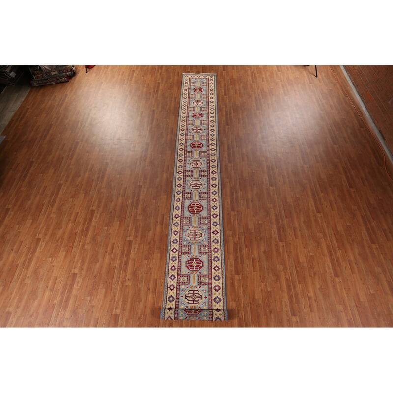 Blue Kazak Oriental Runner Rug Hand-Knotted Wool Carpet - 2'7" x 20'7"