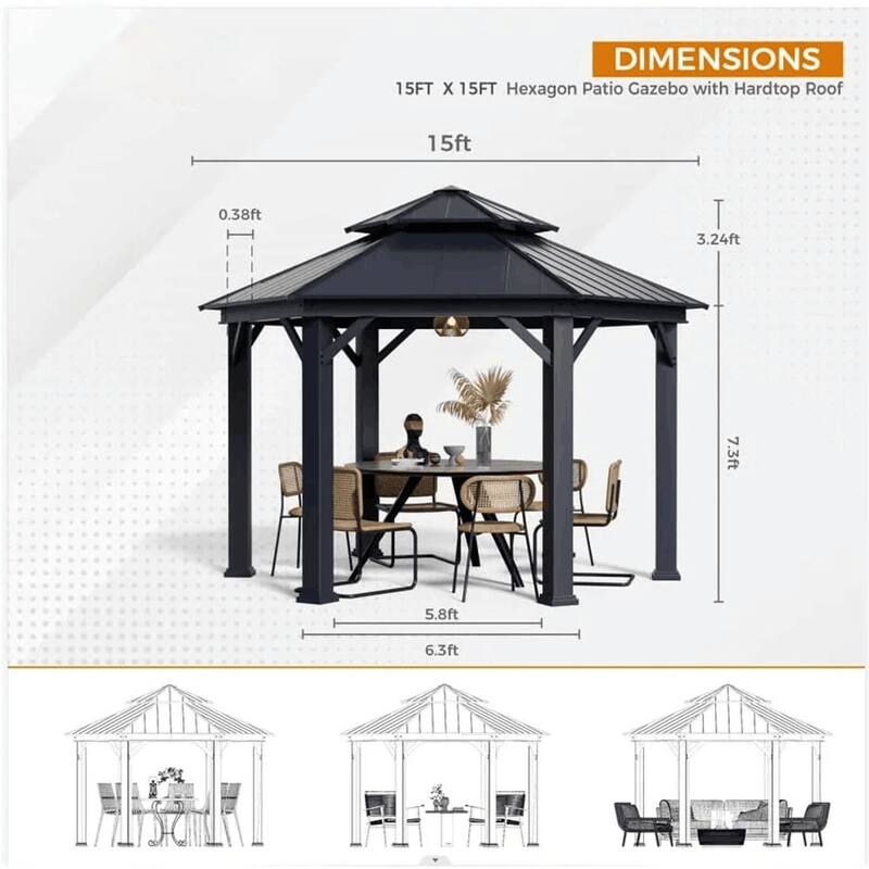Outdoor Pro Series Galvanized Steel Hardtop Patio Gazebo Pergola w/Aluminum Frame, Prime Curtains and nettings include