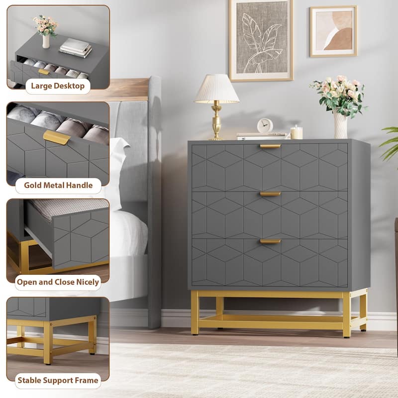 3 Drawer Dresser, with Metal Legs and Gold Handles