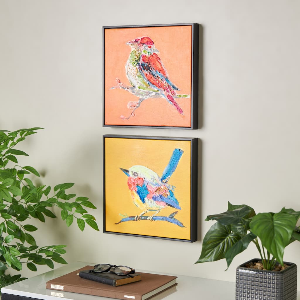 Multi Colored Canvas 3D Textured Bird Living Room Framed Wall Art with Black Frame and Gold Foil Accents (Set of 2)