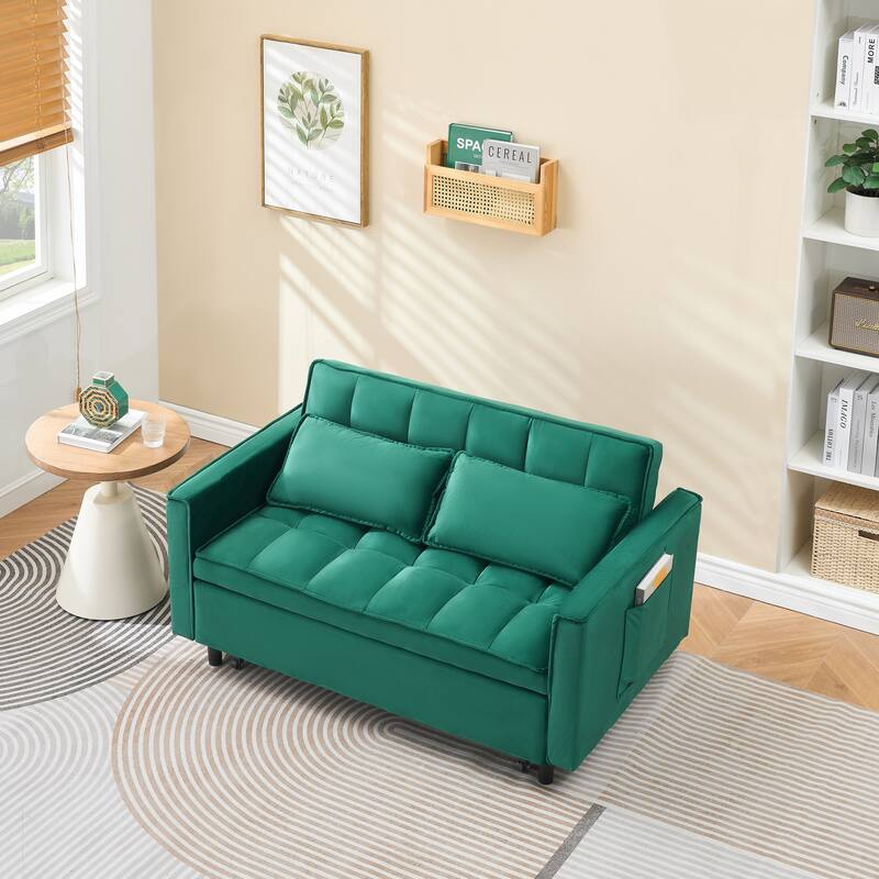 Velvet 3 in 1 Pull Out Loveseat Sofa Convertible Sleeper Love Seat Bed Tufted Futon Sofa with 2 Pillows and Pockets