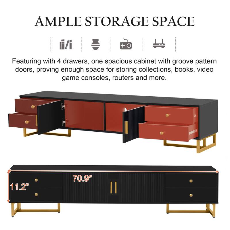 Modern TV Stand TV Console Table for 65+ Inch TV, T-shaped Metal Frame Media Cabinet Entertainment Center for Living Room