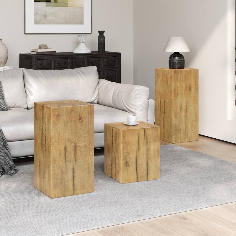 Roomfitters Retro Natural Style Side Table Set, Stackable Square-Column MGO End Tables for Living Room, Bedroom