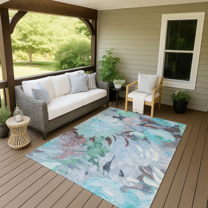 Machine Washable Indoor/ Outdoor Watercolor Floral Chantille Rug - Sky - 10' x 14'