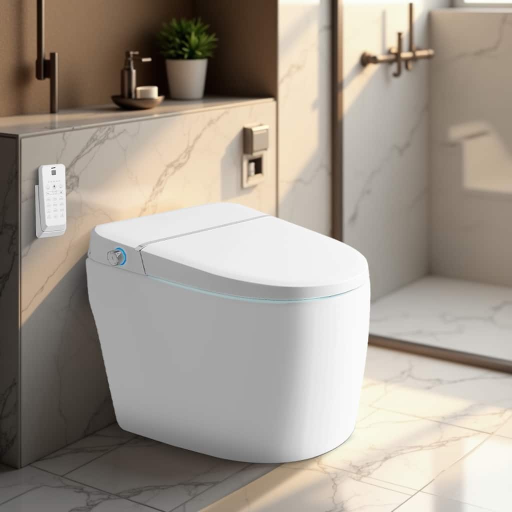 Smart Toilet Bidet Combo with Foot Sensor Open Cover/Seat, Self-Cleaning Nozzle, Heated Seat, Night Light, Knob Control