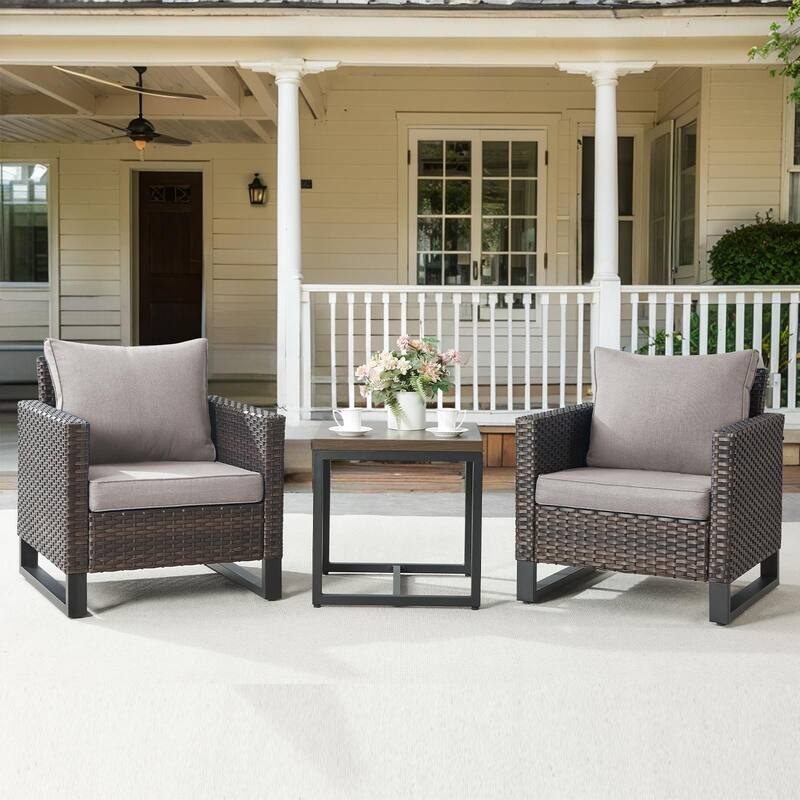 Gymojoy Outdoor PE Wicker Chairs with Table - Brown - Grey