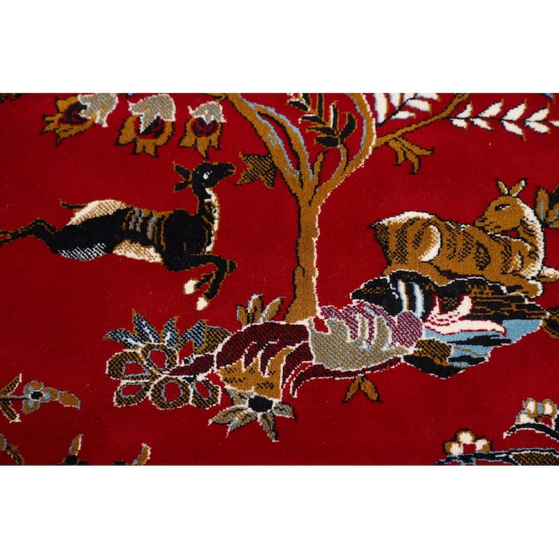 Animals Red Pictorial Kashan Turkish Area Rug Machine Made Carpet - 9'7" x 13'1"