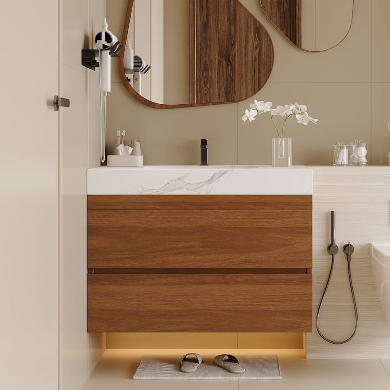 GDFStudio - Modern 31.5" Wall-Mounted Bathroom Vanity with Sintered Stone Top, Ceramic Undermount Sink & Soft-Close Drawers