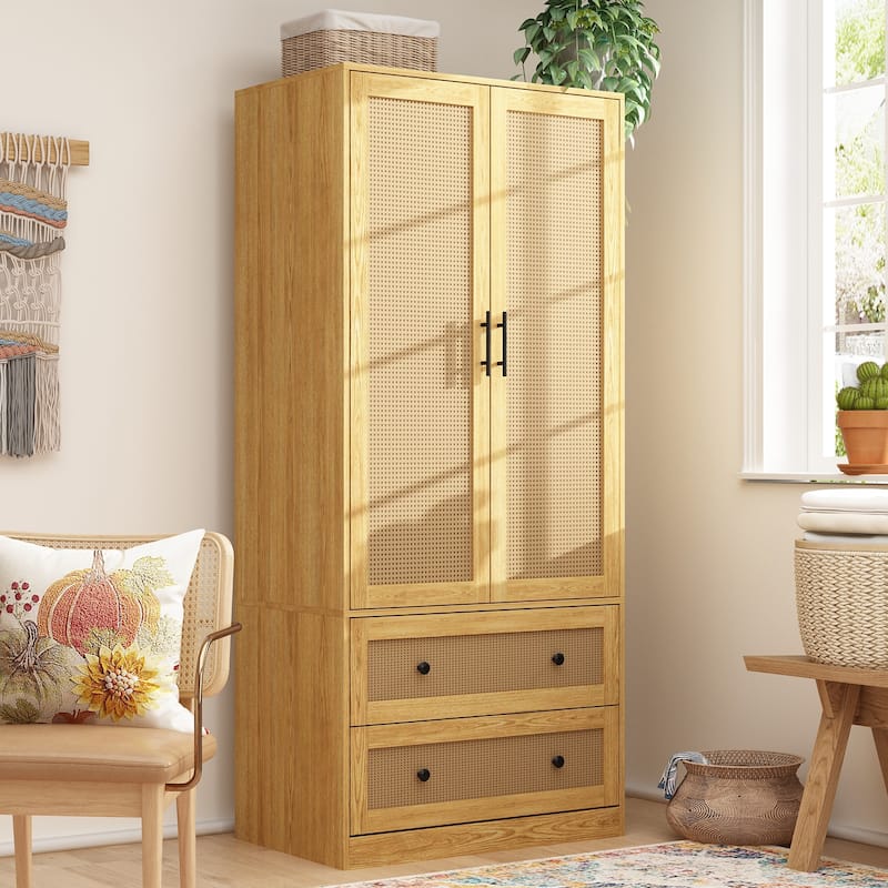 70.9"Wardrobe Closet with Drawers and Hanging Rod Armoires Wood Finish - 2-drawer