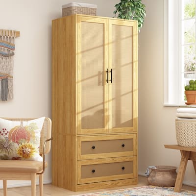 70.9"Wardrobe Closet with Drawers and Hanging Rod Armoires Wood Finish