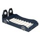 preview thumbnail 11 of 26, Wood Twin Size Race Car Platform Kids Bed Frame with LED Lights, Upholstered Backrest and Safety Rails for Bedroom, Blue